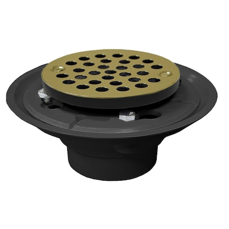 Jones Stephens 2in. x 3in. PVC Shower Drain with 2in. PVC Spud and 4in. Round Polished Brass Strainer D50002